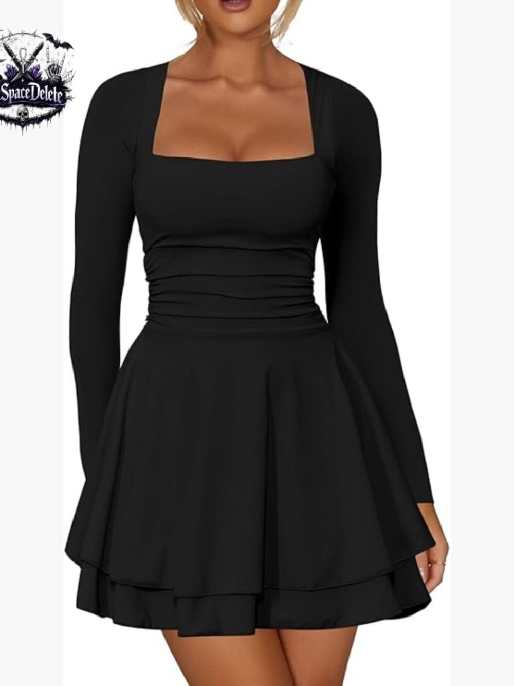Long Sleeve Mini Dress Ruched Waist Square Neck Ruffle Hem Party